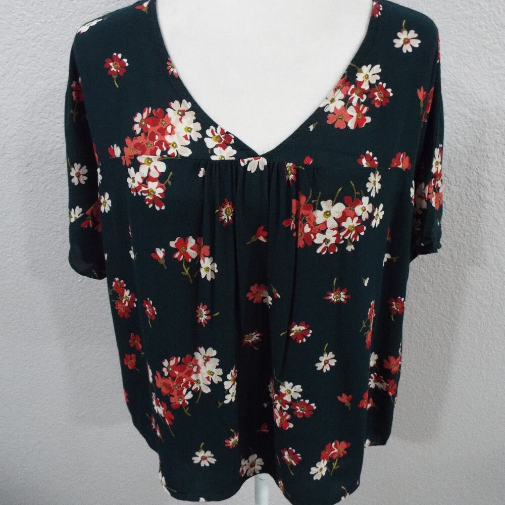 Madewell Women's Lightweight Green Spruce Blooms Rhyme Flowy V-Neck Top Size Med